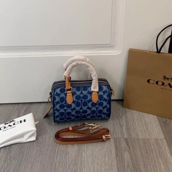 NWT Coach Mini Rowan Crossbody Bag In Signature Denim w/ Cherry Charm CY742 - Picture 1 of 7